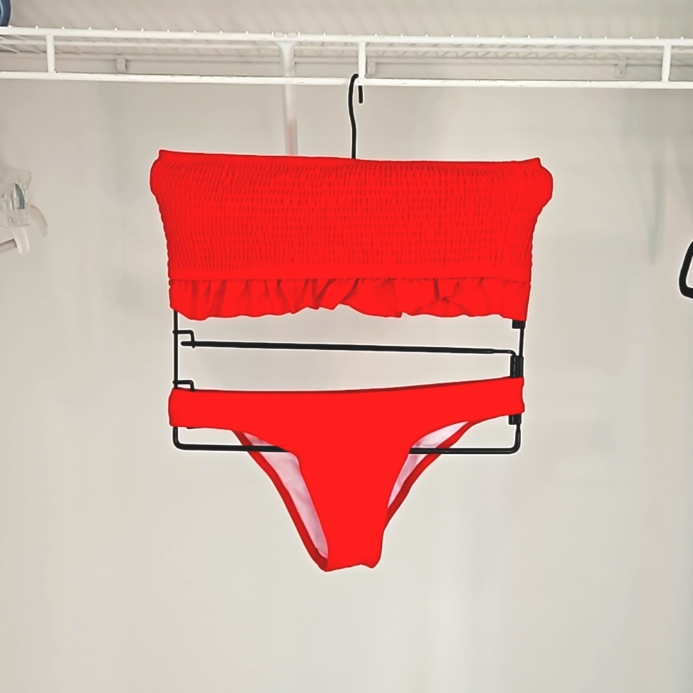 Smocked Frill Trim Bandeau Bikini Set- Red (no longer available on Shein)